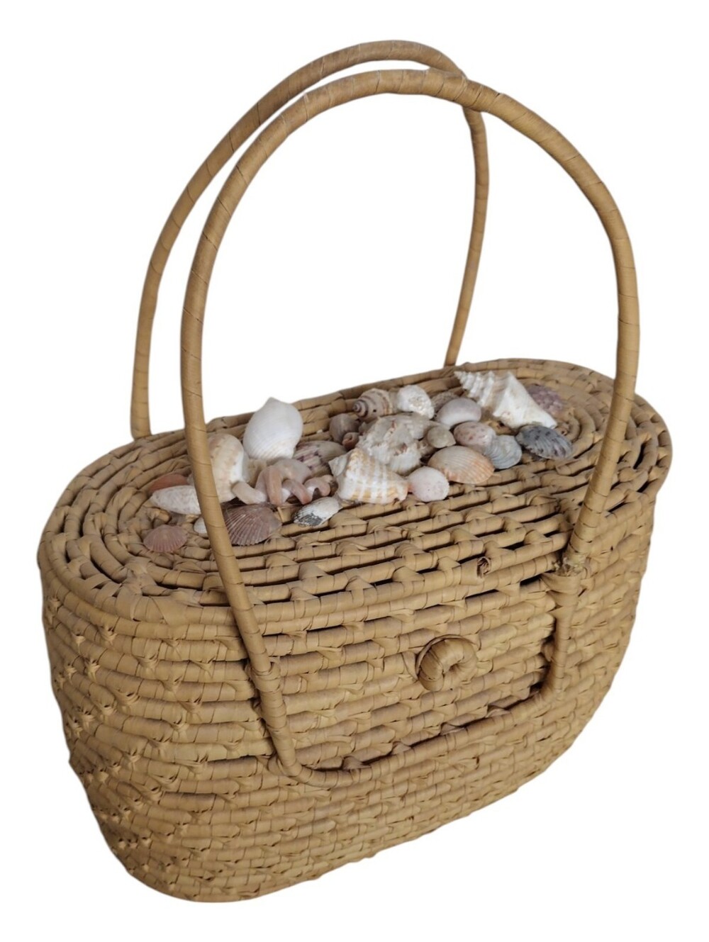 Vintage Seashell Wicker Rattan Straw Handbag Basket Tote